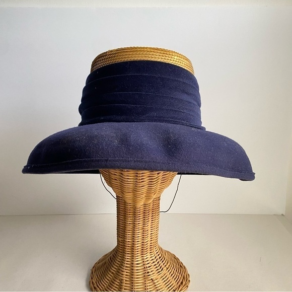 Vintage 90s Whittall & Shon Wool Sequin Hat Navy Blue Gold Wide Brim - Picture 12 of 14